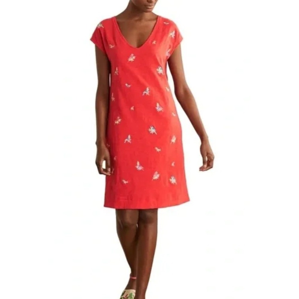 Boden Red Parrot Shirt Dress 6 Long Embroidered Simple Beachy Resortwear‎ Casual